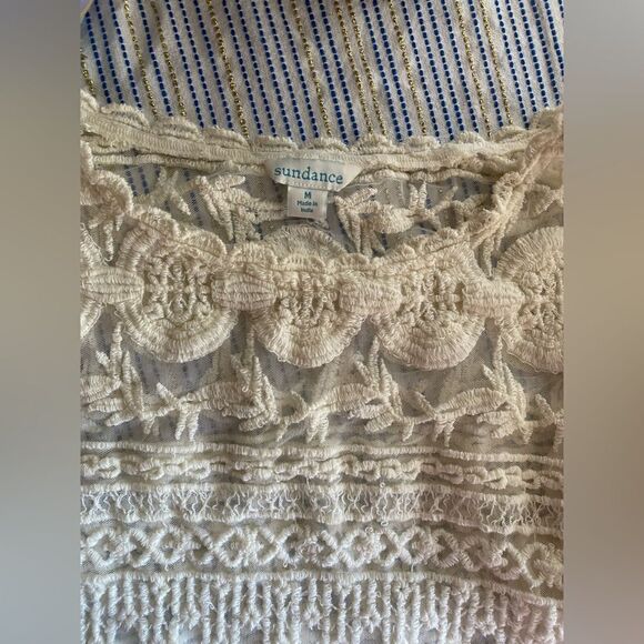 Sundance Embroidered Beige Short Sleeve Lace Mesh Blouse Sz M  Boho Lined - Picture 6 of 15